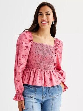 NWT Dizzy Lizzy Floral Smocked Peplum Top XS Pink Cottagecore 100% Cotton